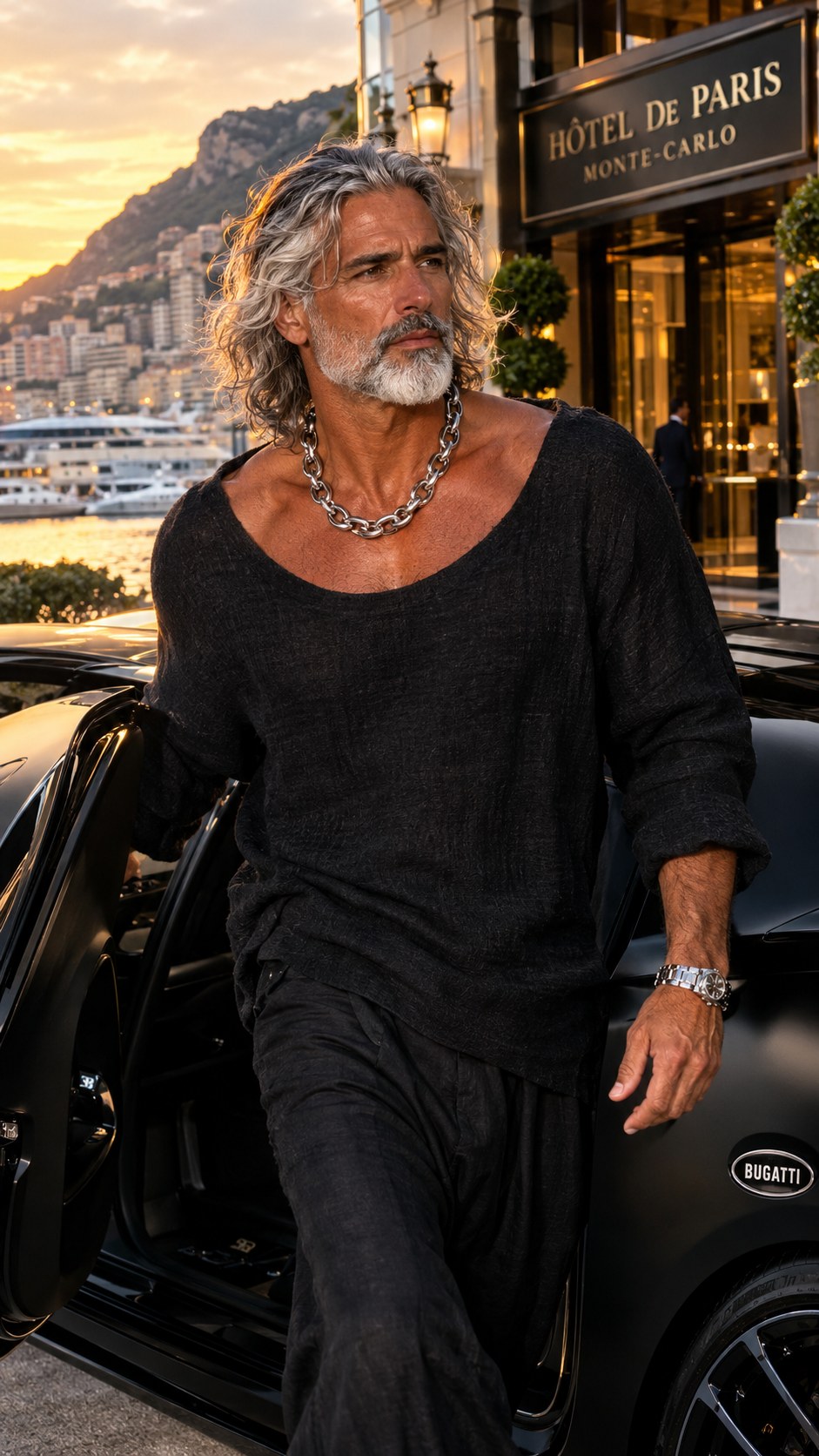 Yanis Monaco stepping from his Bugatti outside the Hôtel de Paris, Monte-Carlo